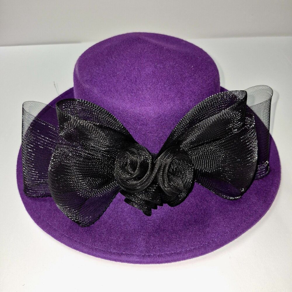 Mr John Signature Series Purple Wool Hat Arlin Black Mesh Bow Church Derby Y2K